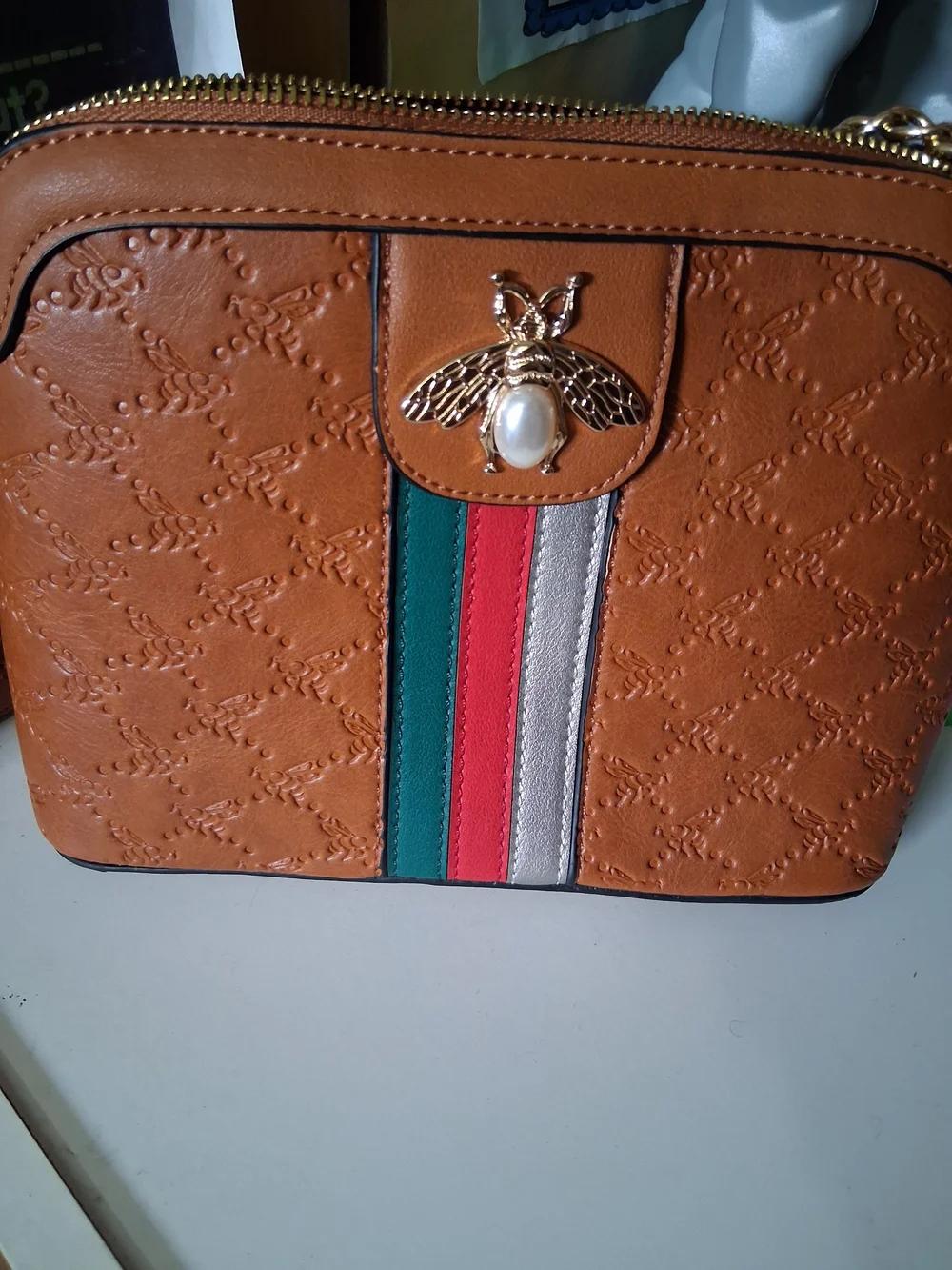 Tan Leatherette Crossbody Bag with Decorative Bee Accent With Wallet